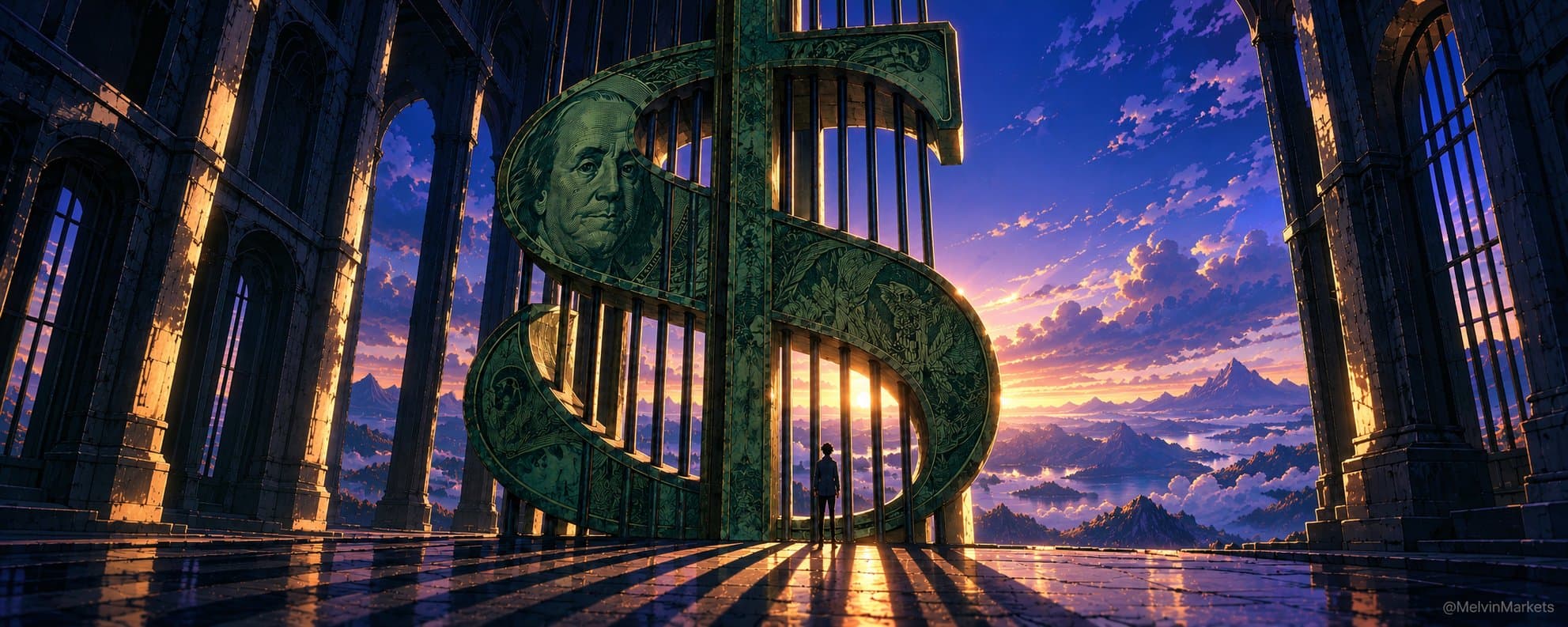 A figure stands before a giant dollar-sign cage at sunset. Original cover artwork by Melvin Markets.