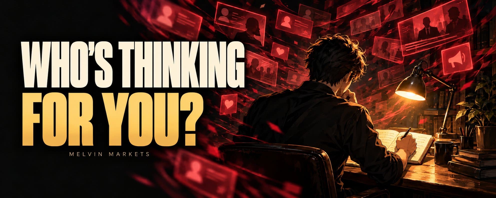 Who’s thinking for you? — Melvin Markets. A trader at a desk surrounded by social media feeds.